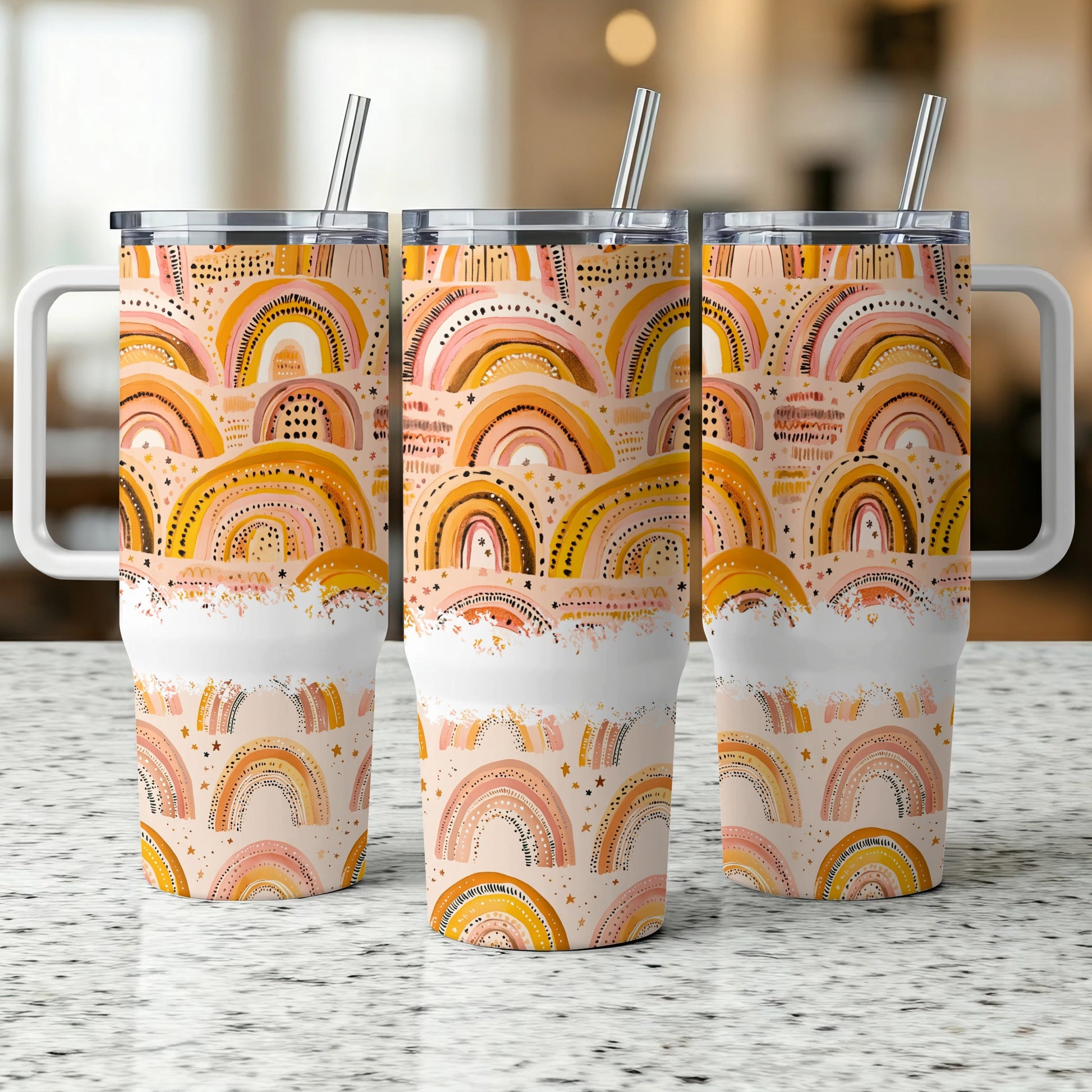 Boho Insulated Tumblers with Lids and Straws, Abstract Rainbow Design, Stainless Steel Travel Mugs, Gift Idea
