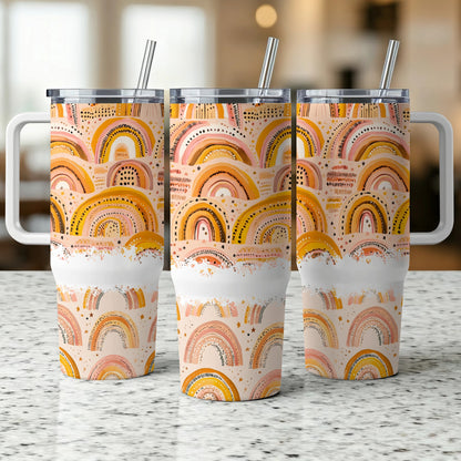 Boho Insulated Tumblers with Lids and Straws, Abstract Rainbow Design, Stainless Steel Travel Mugs, Gift Idea