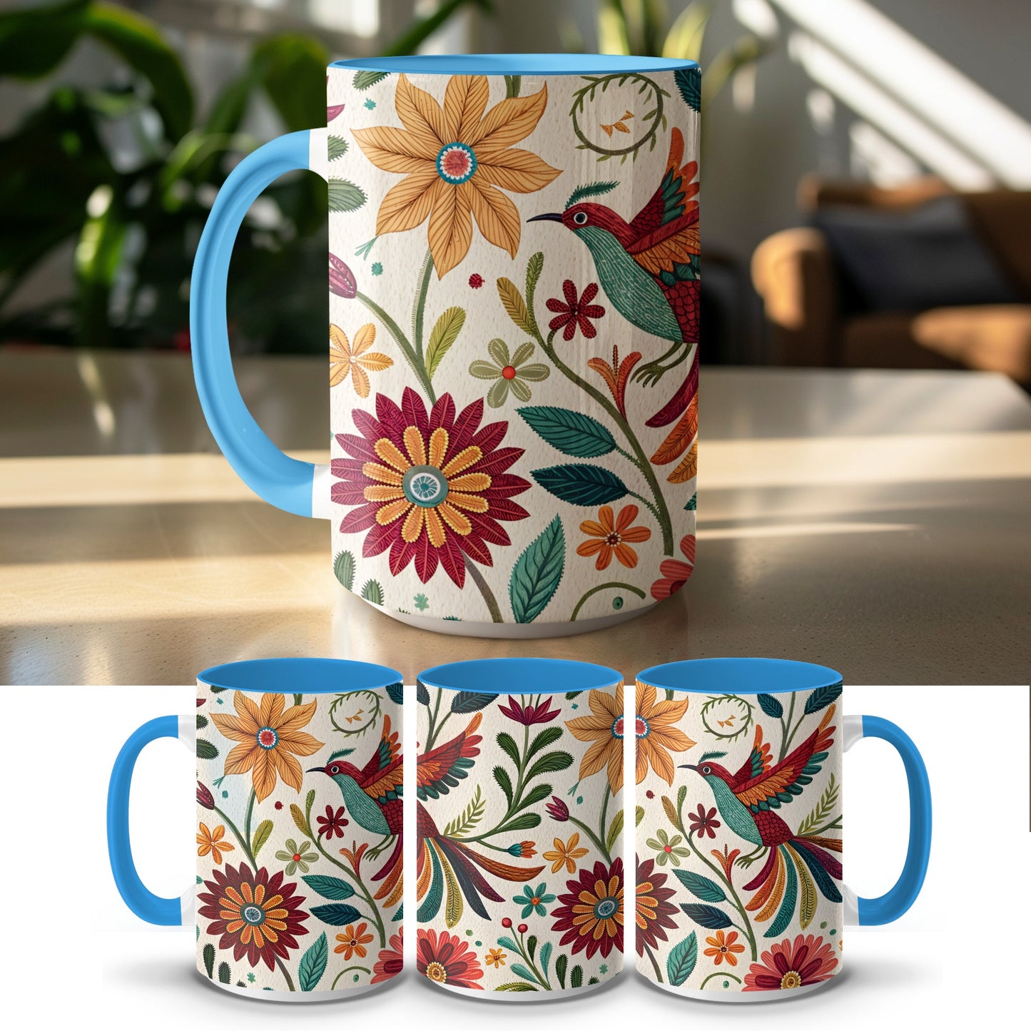 Colorful Floral and Bird Design Mug product