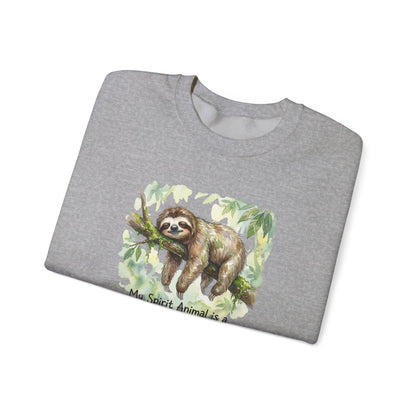 Gray sweatshirt with watercolor sloth on tree branch, "My Spirit Animal is a" text.
