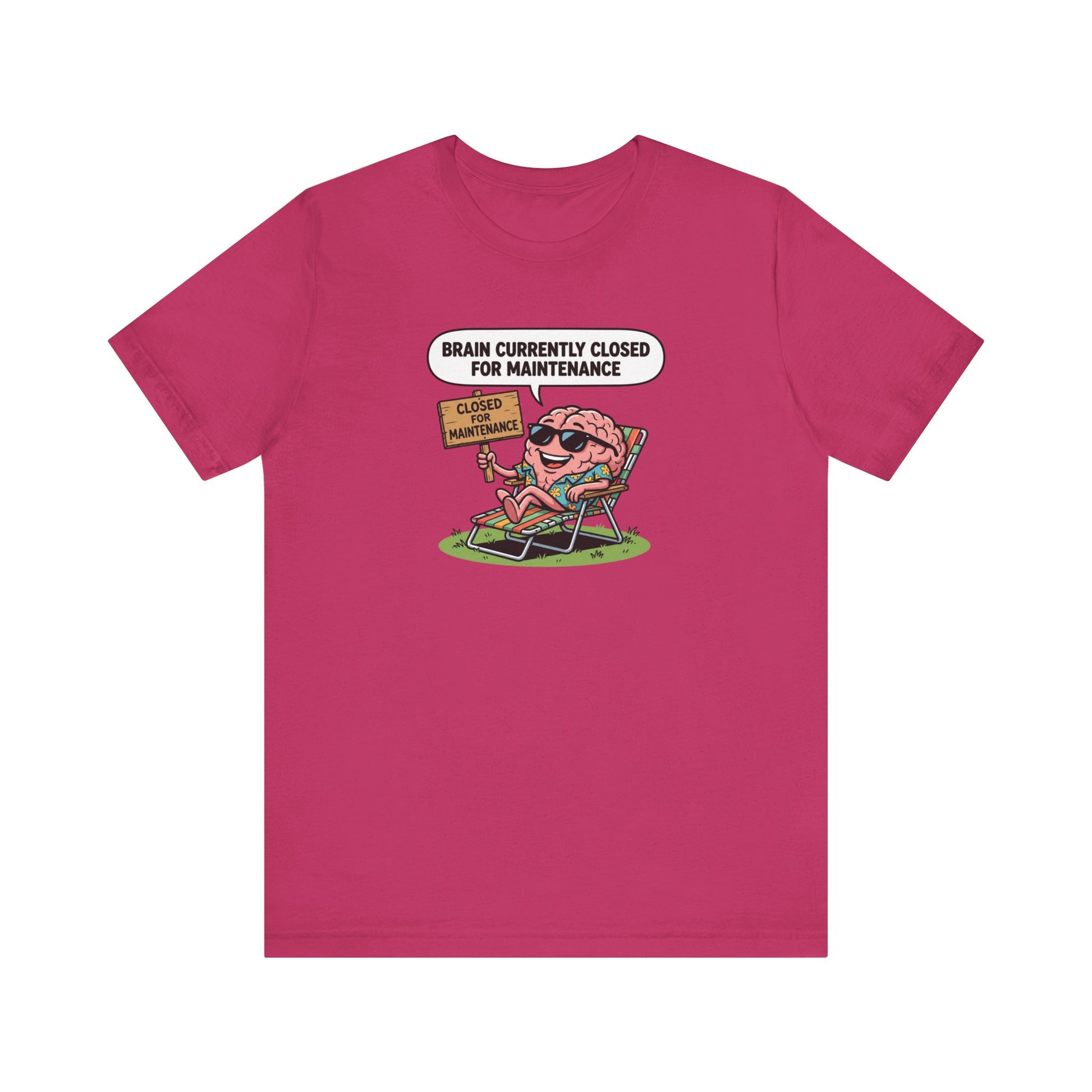 Cartoon brain wearing sunglasses relaxing on a lounge chair, "Brain Currently Closed for Maintenance" text.