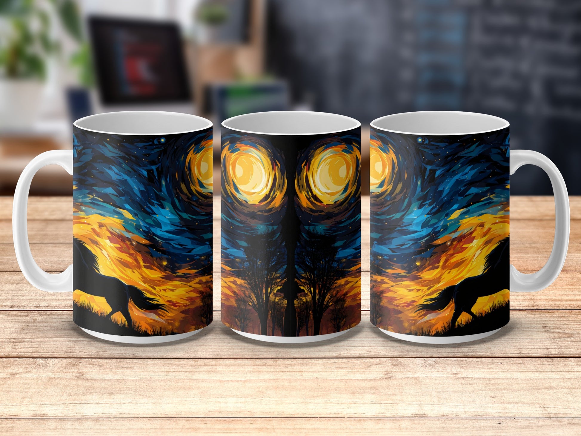 Starry Night Inspired Coffee Mugs, Van Gogh Art Print, Set of 3 Ceramic Mugs, Unique Artistic Kitchenware, Gift Idea