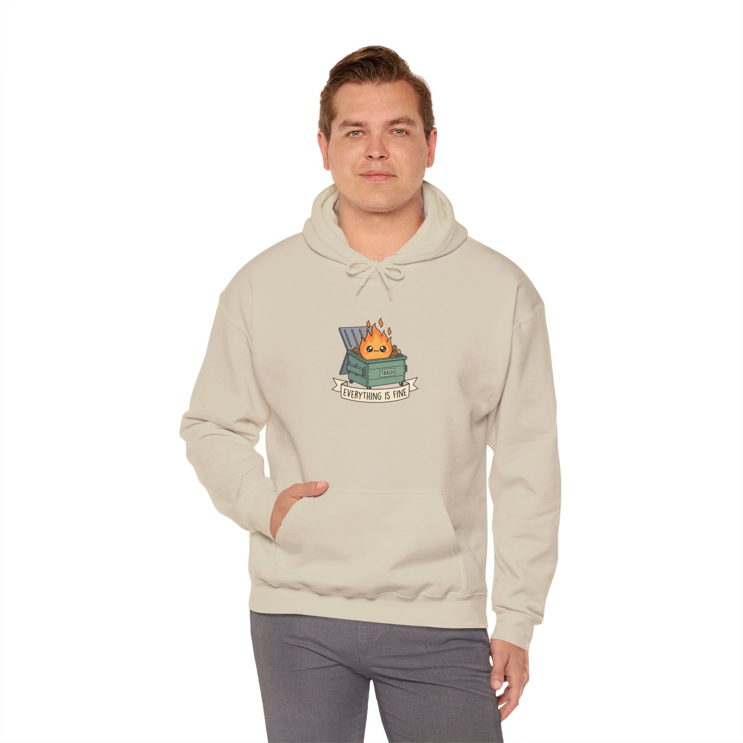 Cream hoodie with a cartoon dumpster fire graphic and "Everything is Fine" banner.