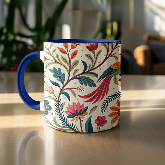 Vibrant Floral Patterned Mug with Blue Handle product