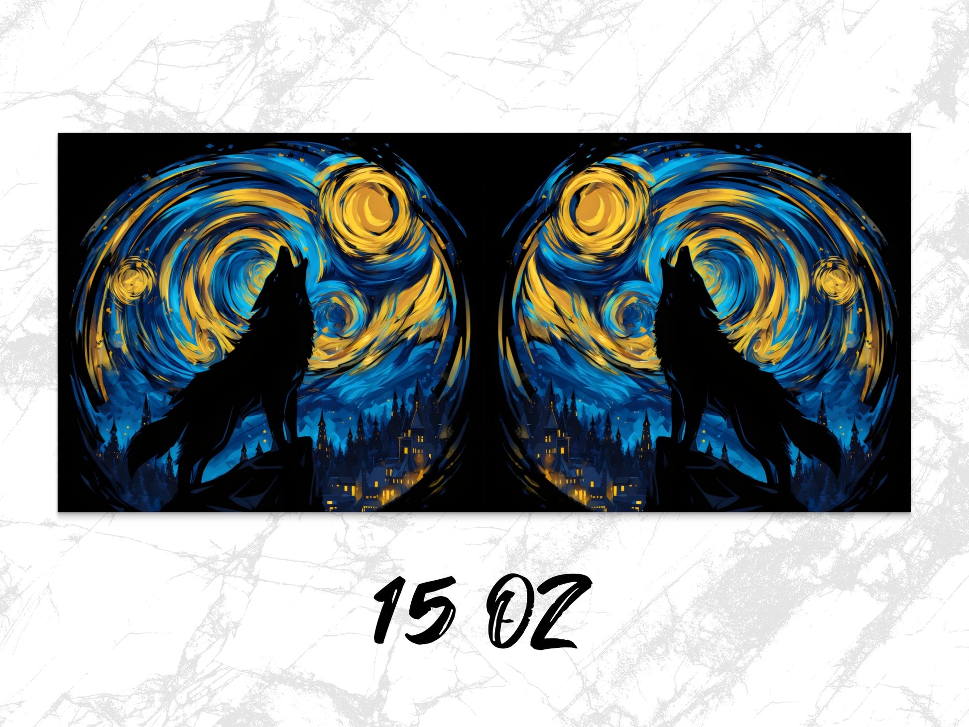 Starry Night Inspired Wolf Silhouette Dual Canvas Art Print, Modern Wall Decor, 15 OZ