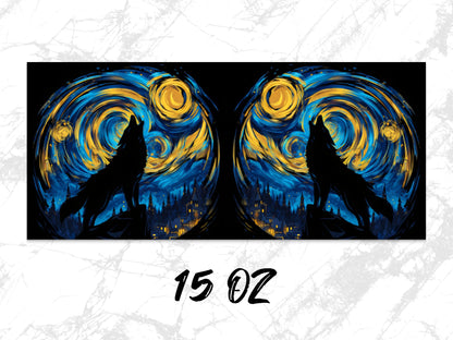 Starry Night Inspired Wolf Silhouette Dual Canvas Art Print, Modern Wall Decor, 15 OZ