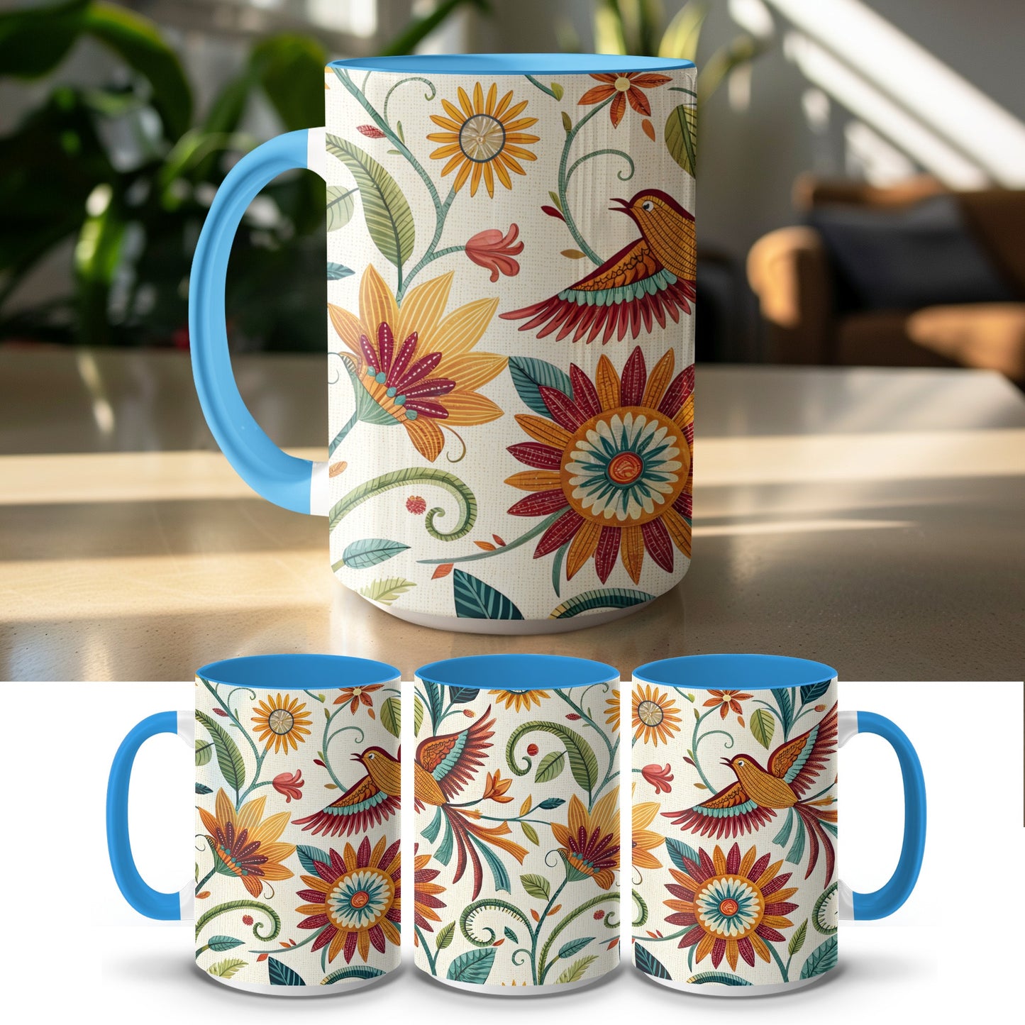 Colorful Floral and Birds Design Mug product type