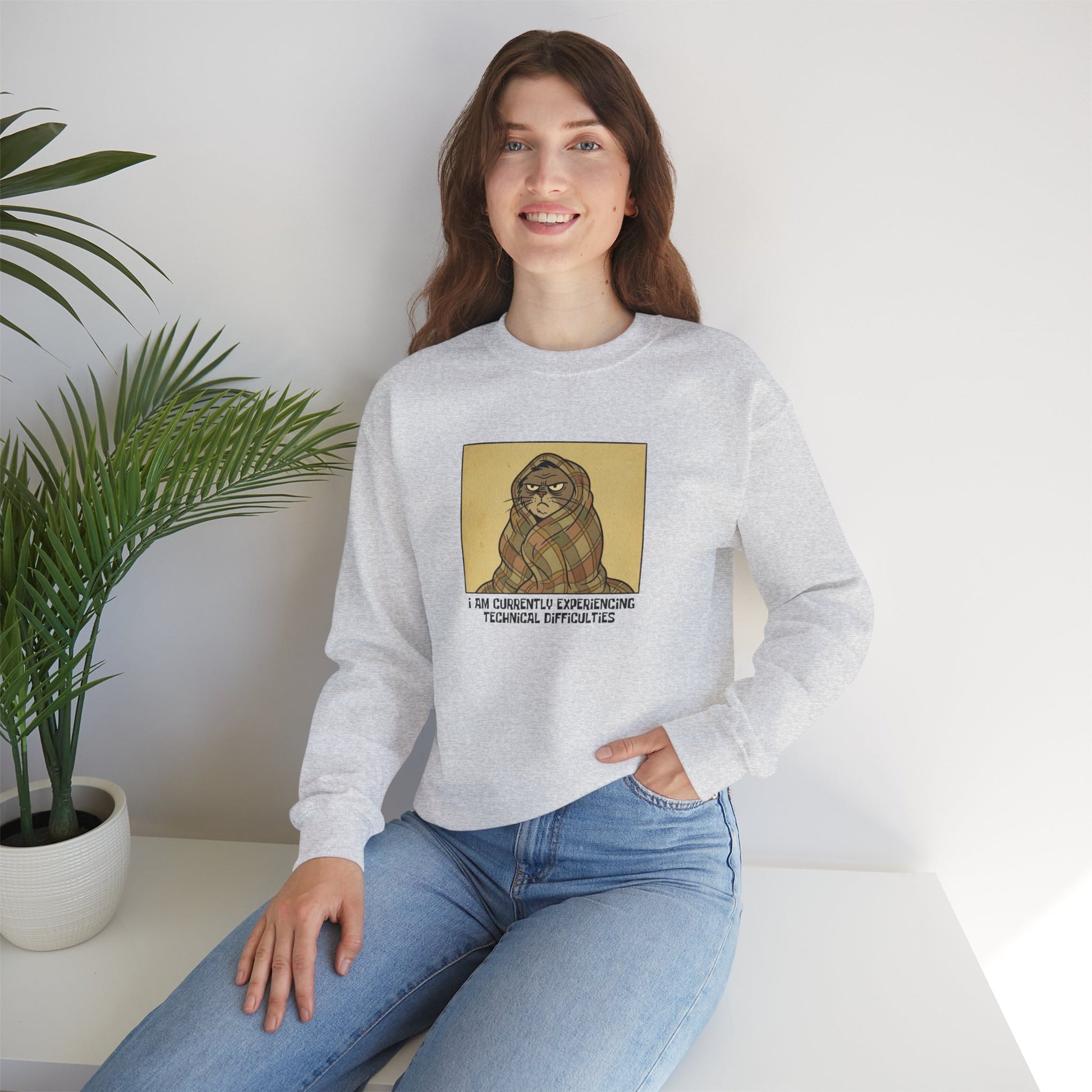 Light gray sweatshirt with cartoon cat wrapped in blanket, "I am currently experiencing technical difficulties" text.