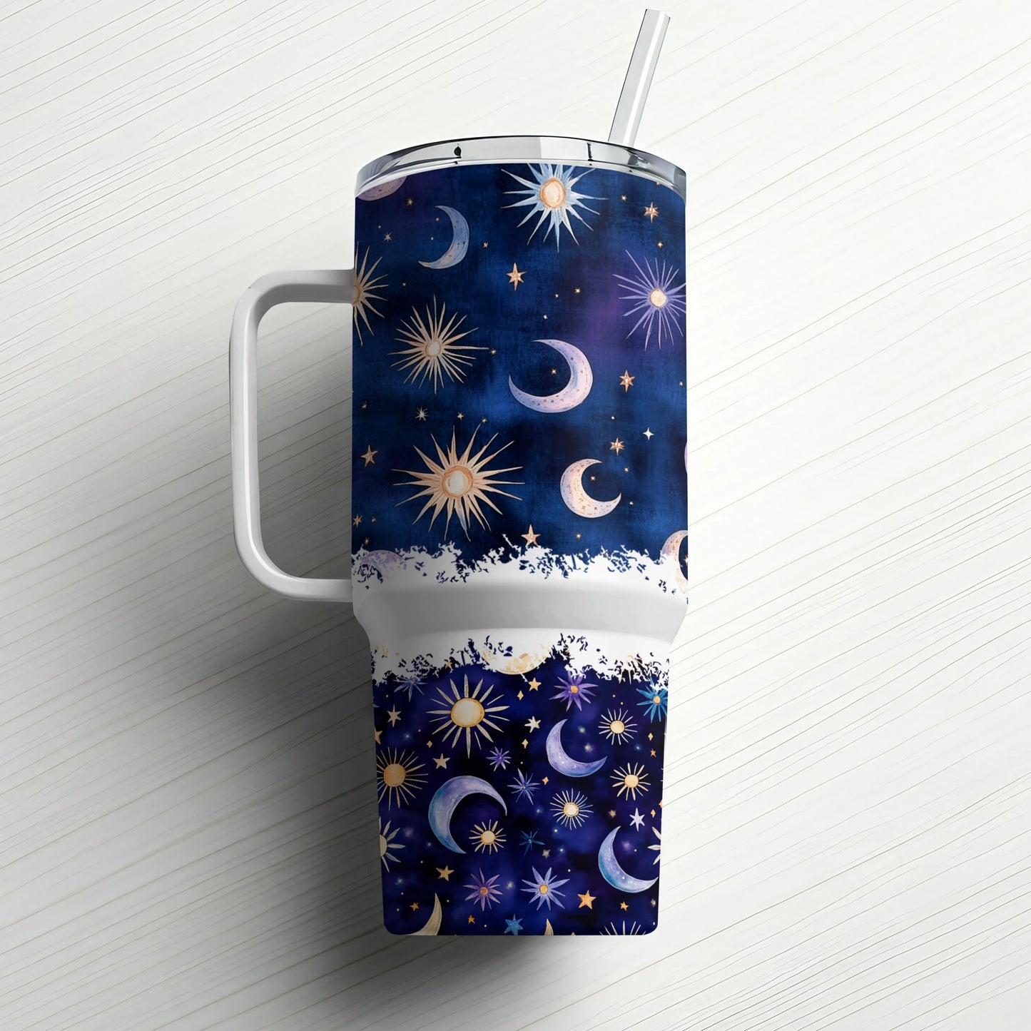 Celestial Tumbler, Stars and Moons Design, Stainless Steel Travel Mug, Insulated Cup with Straw, Unique Cosmic Drinkware, Gift Idea