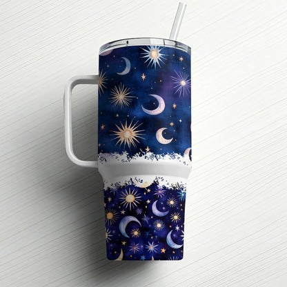 Celestial Tumbler, Stars and Moons Design, Stainless Steel Travel Mug, Insulated Cup with Straw, Unique Cosmic Drinkware, Gift Idea