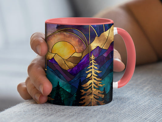Vibrant Mountains Sunset Design with Red Handle Mug product type