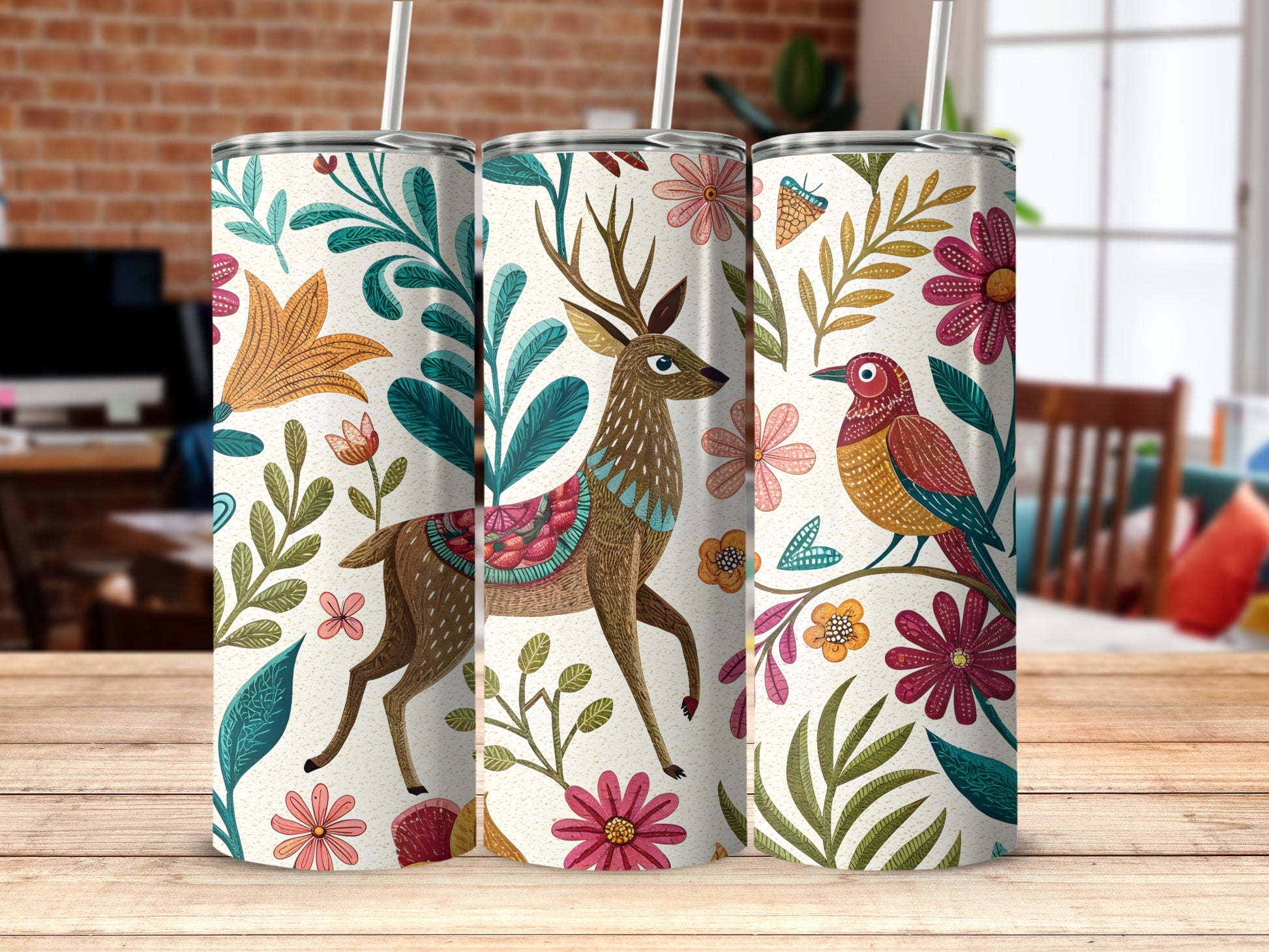 Vibrant Nature Inspired Deer Bird Art Tumbler Product