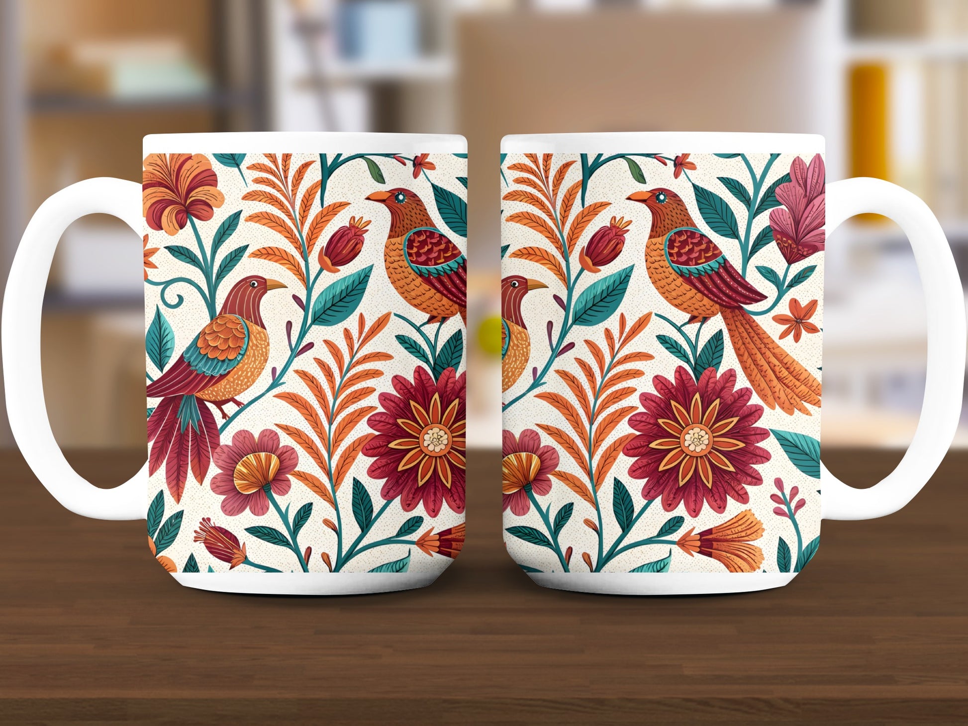 Colorful Bird and Floral Design Coffee Mug product