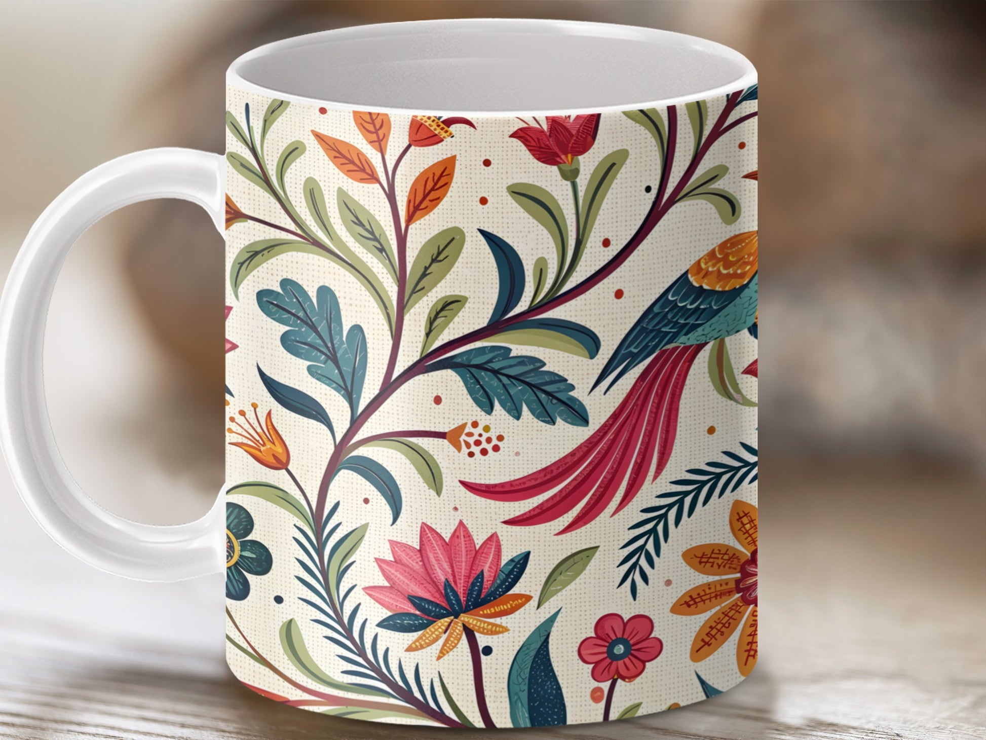 Colorful Floral and Bird Design Coffee Mug product