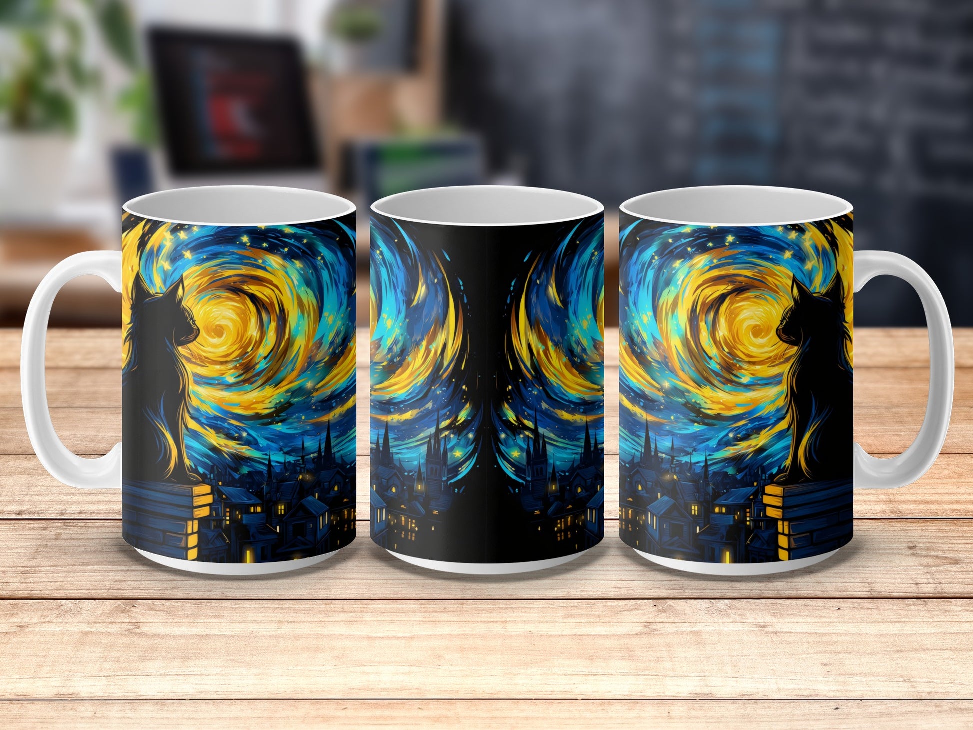 Van Gogh Starry Night Inspired Coffee Mugs, Artistic Blue and Yellow Swirls, Set of 3 Ceramic Cups