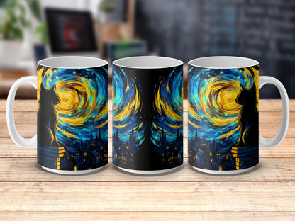 Van Gogh Starry Night Inspired Coffee Mugs, Artistic Blue and Yellow Swirls, Set of 3 Ceramic Cups