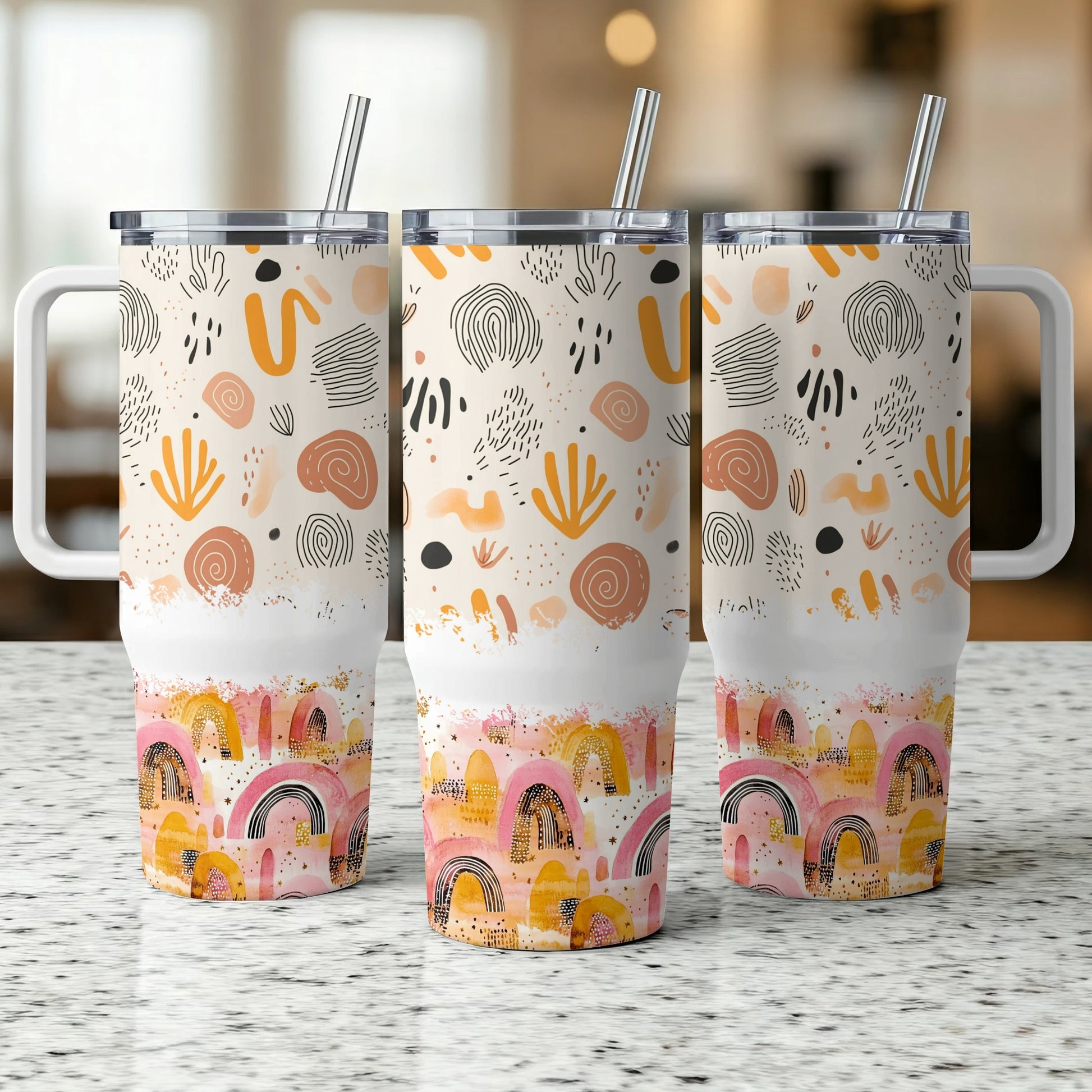 Boho Style Tumblers with Straws, Abstract Pattern, Insulated Travel Mugs, Rainbow and Shapes Design, 20 oz