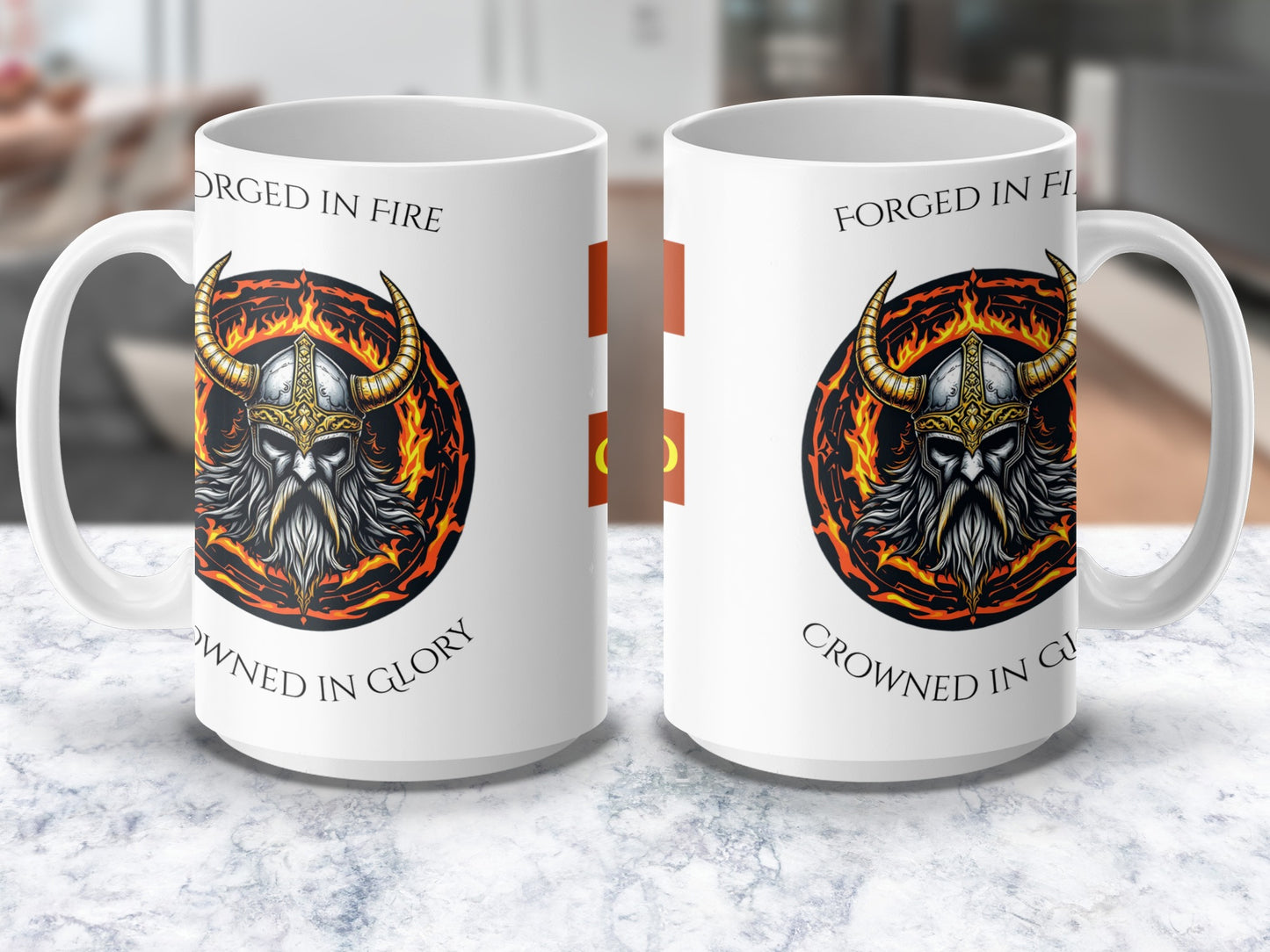 Viking Warrior Mug, Forged in Fire, Crowned in Glory, Norse Mythology, Fantasy Coffee Cup, Gift for History Buffs, Unique Graphic Design