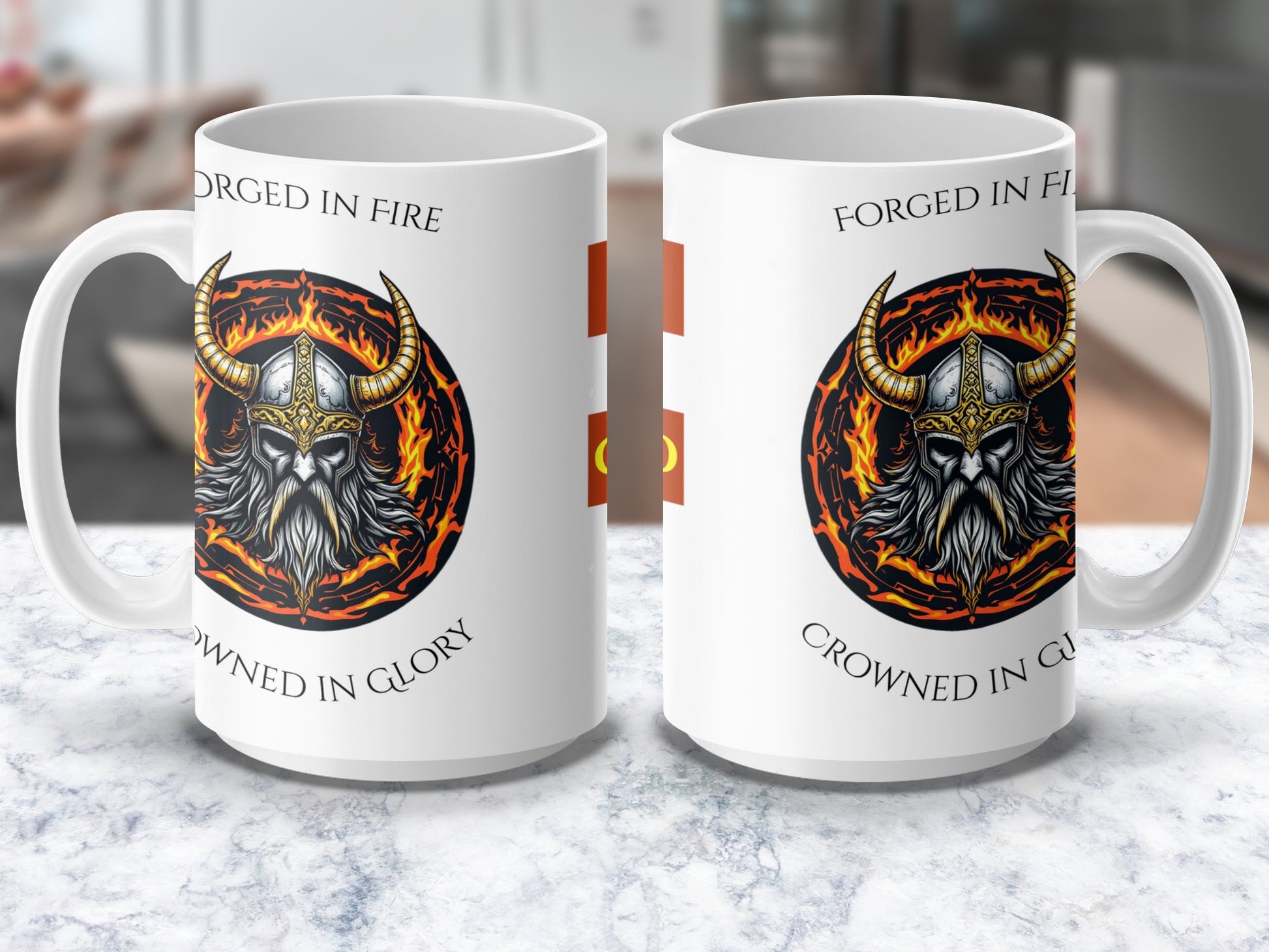 Viking Warrior Mug, Forged in Fire, Crowned in Glory, Norse Mythology, Fantasy Coffee Cup, Gift for History Buffs, Unique Graphic Design