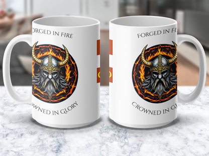Viking Warrior Mug, Forged in Fire, Crowned in Glory, Norse Mythology, Fantasy Coffee Cup, Gift for History Buffs, Unique Graphic Design