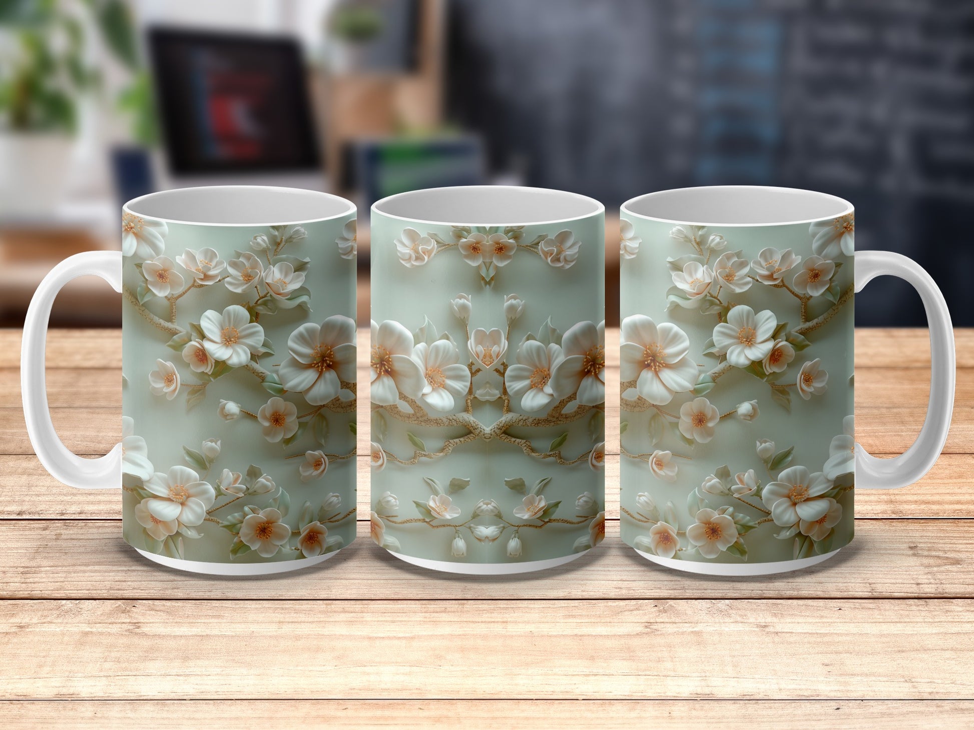 Floral Coffee Mugs Set, Elegant White Blossom Design, Ceramic Tea Cups, Kitchen Decor Gifts