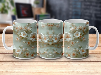 Floral Coffee Mugs Set, Elegant White Blossom Design, Ceramic Tea Cups, Kitchen Decor Gifts