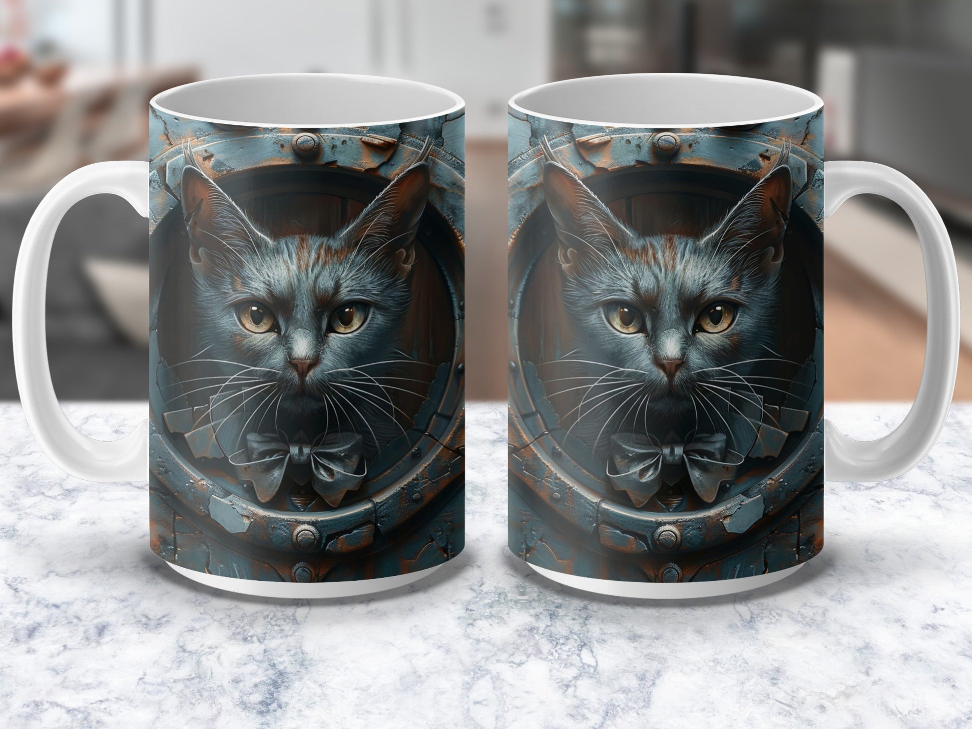 Steampunk Cat Mug, Unique Cyberpunk Kitty Coffee Cup, Cool Cat Lover Gift, Fantasy Animal Art Drinkware