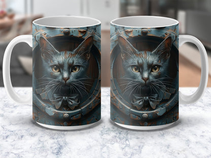 Steampunk Cat Mug, Unique Cyberpunk Kitty Coffee Cup, Cool Cat Lover Gift, Fantasy Animal Art Drinkware