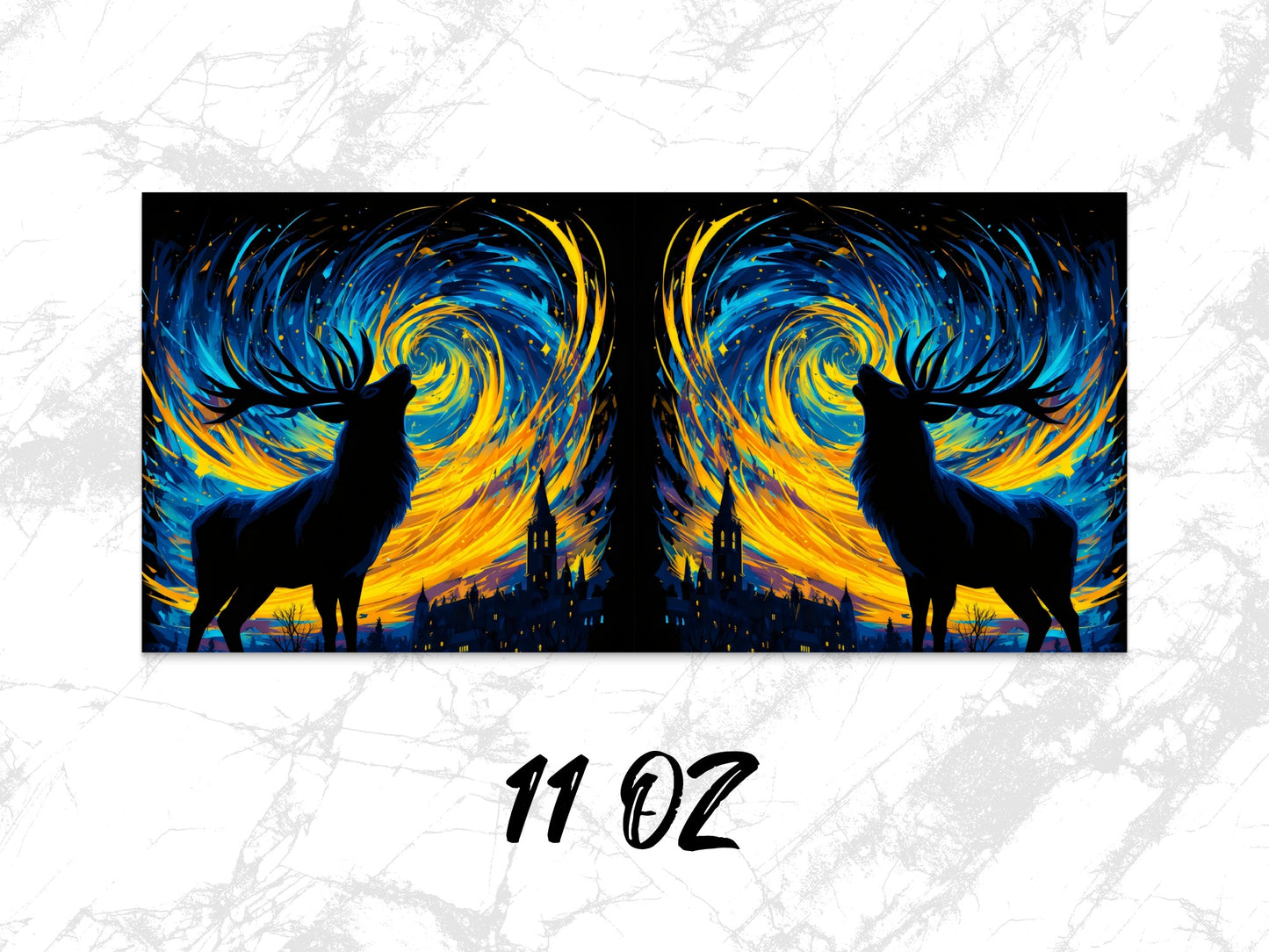 Vibrant Deer Silhouette Art Coffee Mug, 11 oz, Abstract City Skyline, Unique Artistic Drinkware, Perfect Gift Idea