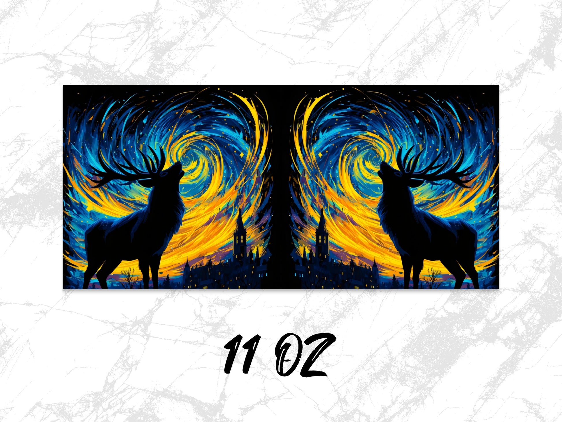 Vibrant Deer Silhouette Art Coffee Mug, 11 oz, Abstract City Skyline, Unique Artistic Drinkware, Perfect Gift Idea