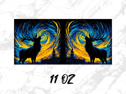 Vibrant Deer Silhouette Art Coffee Mug, 11 oz, Abstract City Skyline, Unique Artistic Drinkware, Perfect Gift Idea