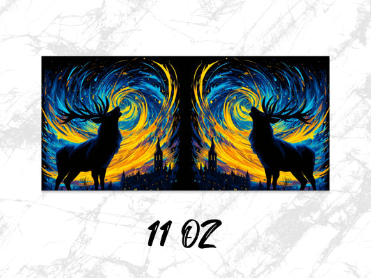 Vibrant Deer Silhouette Art Coffee Mug, 11 oz, Abstract City Skyline, Unique Artistic Drinkware, Perfect Gift Idea