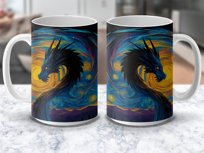 Colorful Dragon Art Coffee Mug, Van Gogh Inspired Starry Night Design, Unique Fantasy Artist Gift