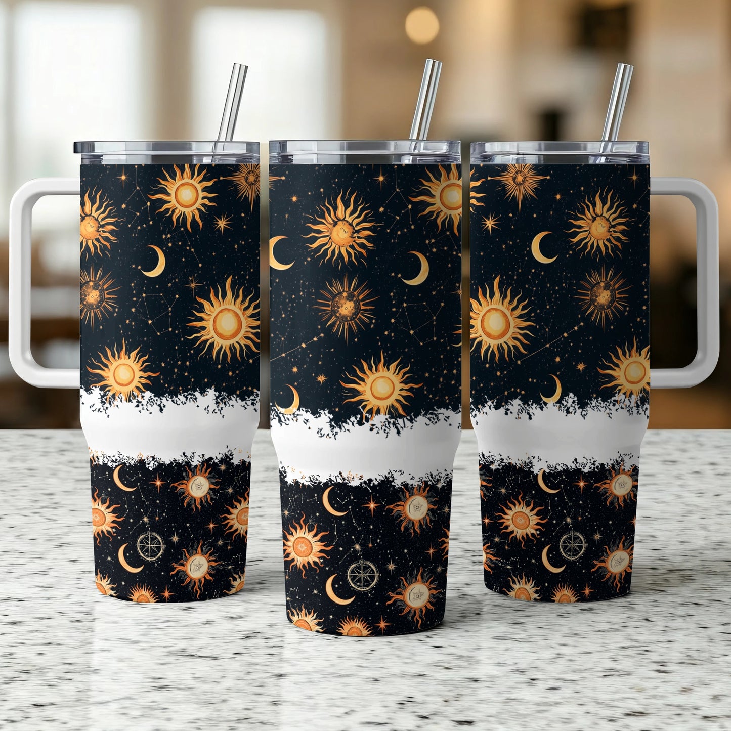 Celestial Tumbler Cups, Sun and Moon Design, Insulated Travel Mug with Straw, 20 oz Stainless Steel Drinkware, Astral Pattern Tumblers