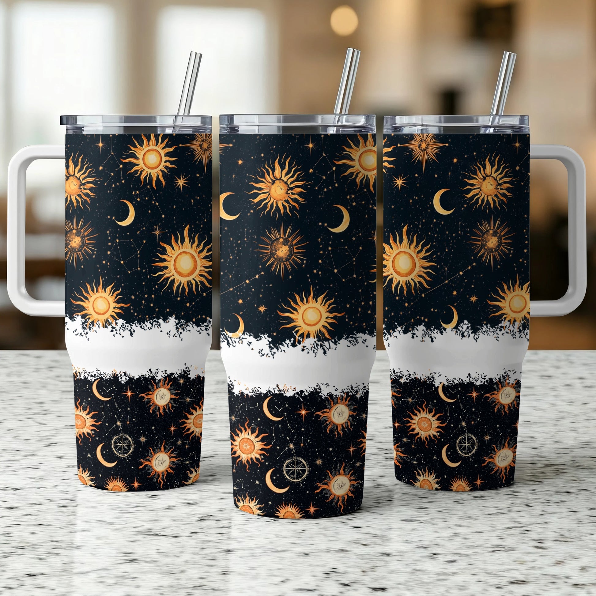 Celestial Tumbler Cups, Sun and Moon Design, Insulated Travel Mug with Straw, 20 oz Stainless Steel Drinkware, Astral Pattern Tumblers