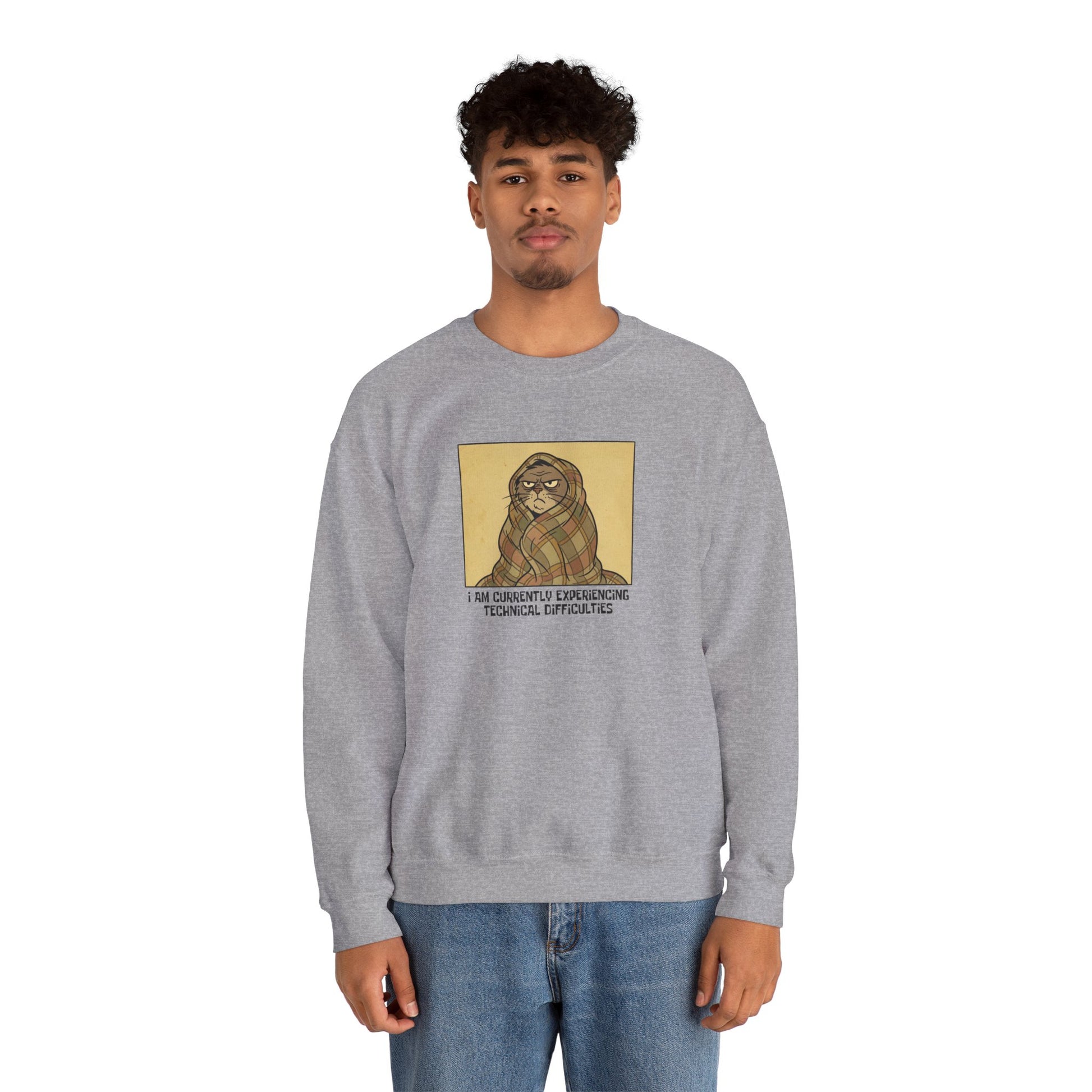 Gray sweatshirt with a cat wrapped in a blanket and text "I am currently experiencing technical difficulties."