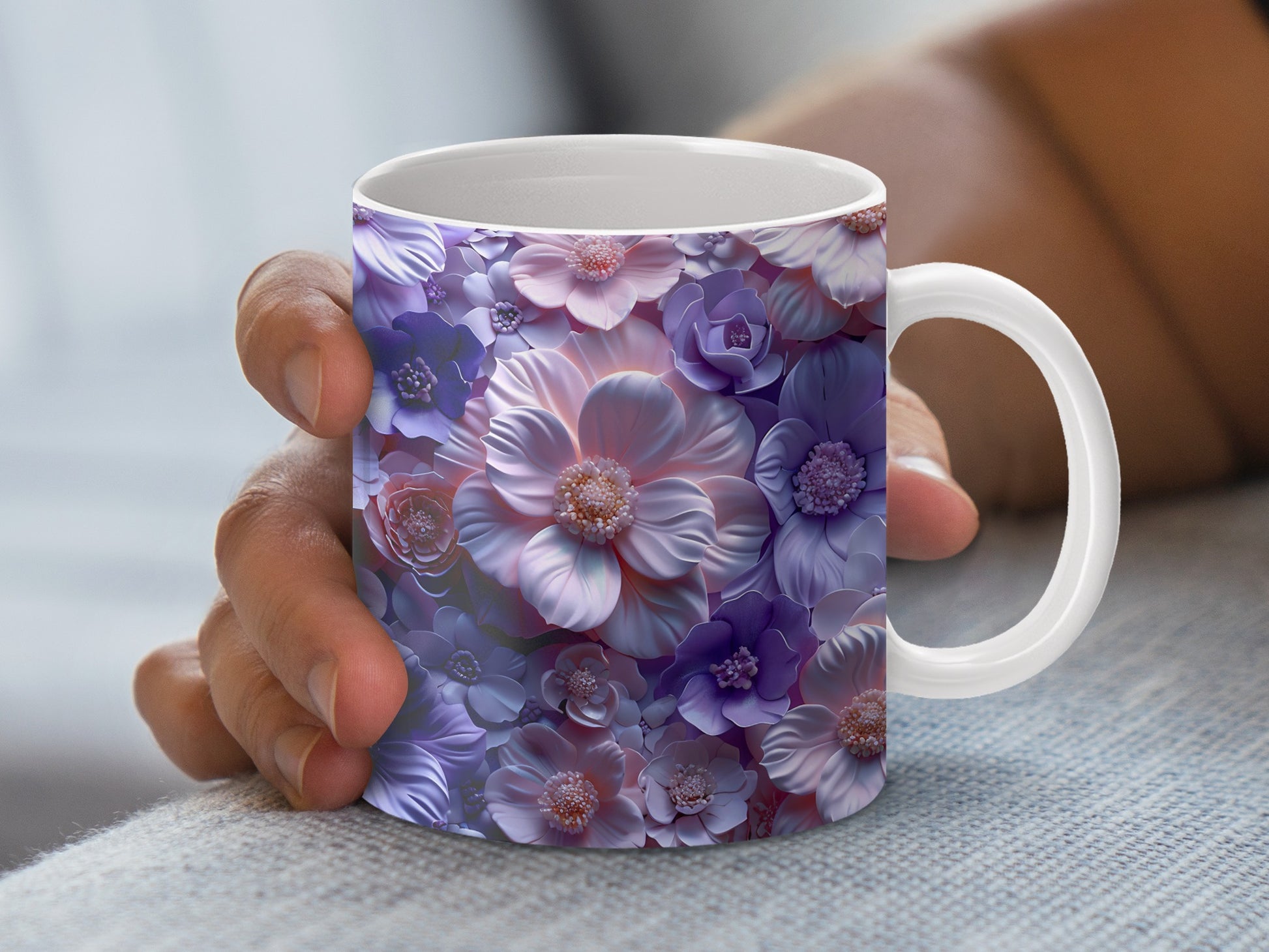 Floral Pattern Coffee Mug, Purple Flowers Ceramic Cup, Elegant Tea Mug Gift, Designer Drinkware for Home Office
