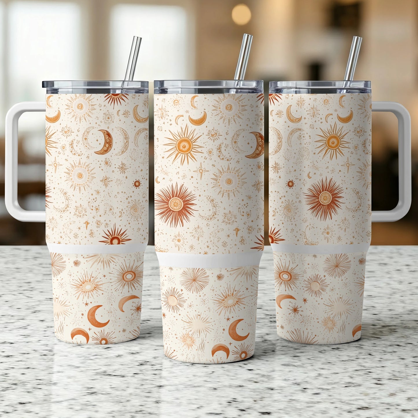 Celestial Tumbler Cups, Sun Moon Stars Design, Insulated Travel Mugs with Straws, Set of 3