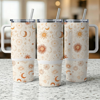 Celestial Tumbler Cups, Sun Moon Stars Design, Insulated Travel Mugs with Straws, Set of 3