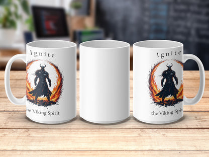 Viking Spirit Coffee Mug, Ignite the Viking Fire Graphic, Unique Norse Mythology Inspired Cup, Perfect Gift for History Buffs