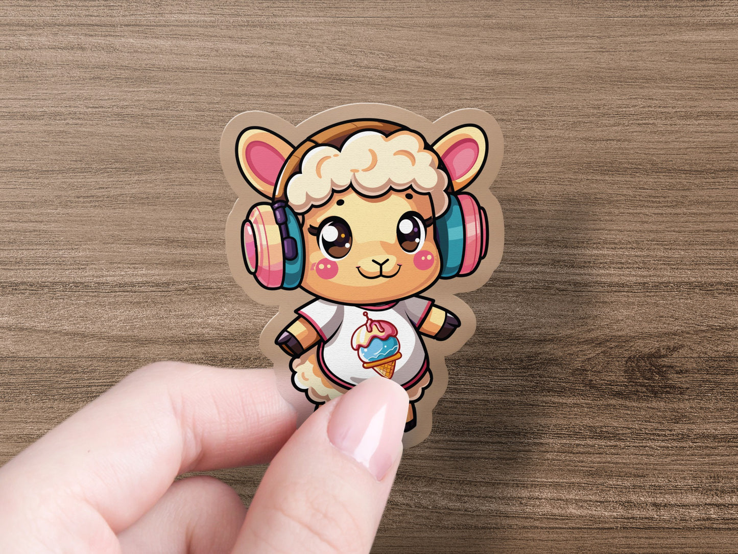Cute Llama Sticker with Headphones and Cupcake product type