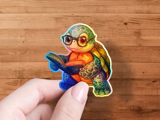Cute Turtle with Glasses and Book Sticker product type