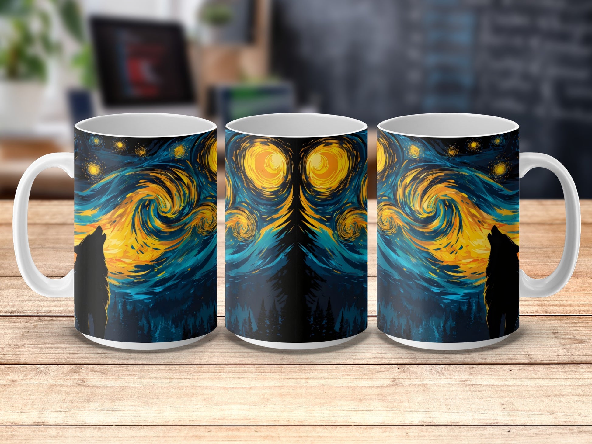 Van Gogh Inspired Starry Night Artistic Cat Mugs, Unique Ceramic Coffee Cups, Gift Idea for Art Lovers