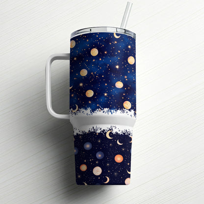 Galaxy Print Insulated Tumbler, Stainless Steel Travel Cup with Straw, Starry Night Sky Design, Astronomical Drinkware Gift