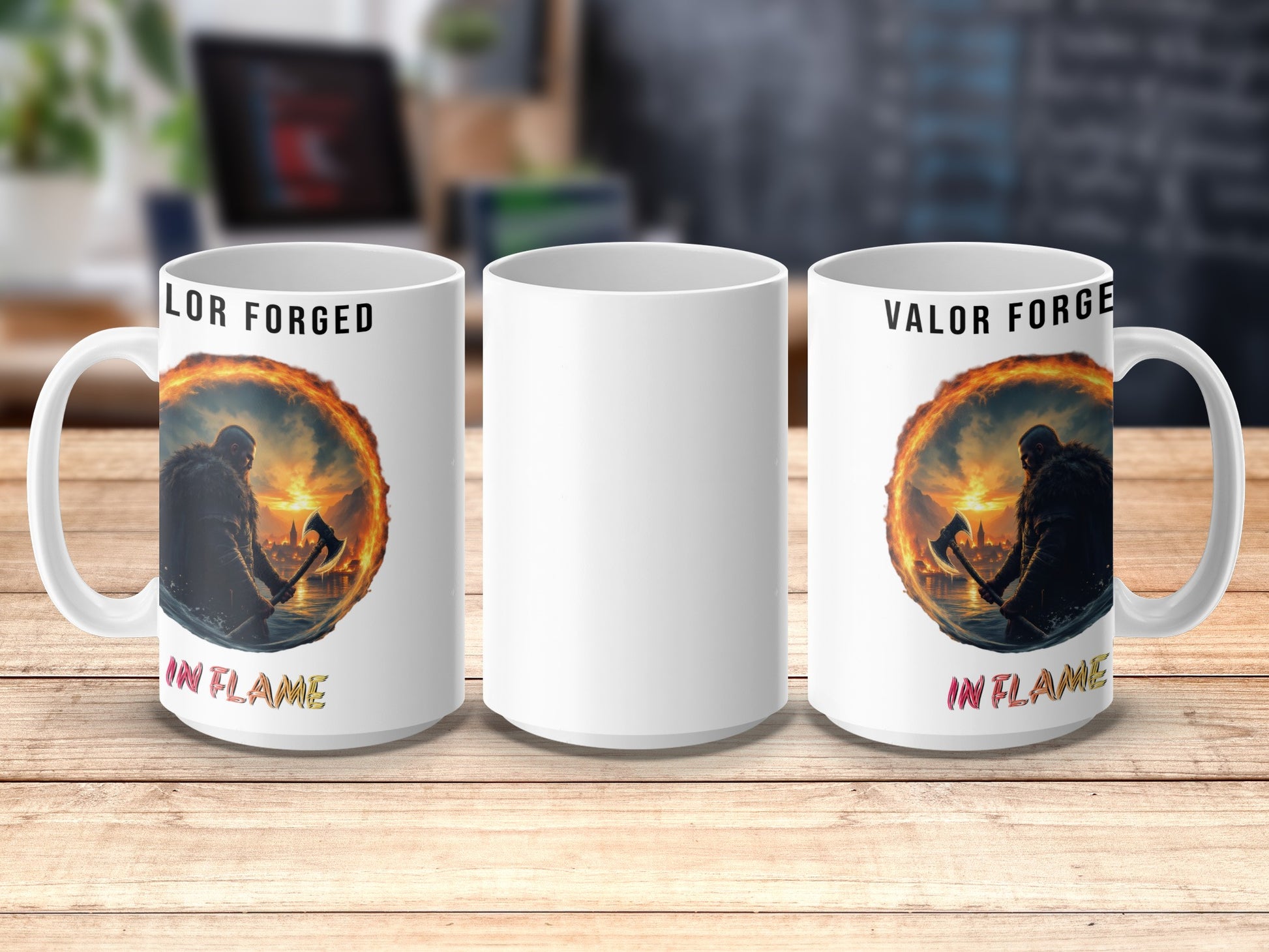 Fantasy Warrior Mug, Valor Forged in Flame Design, Unique Gift, Coffee Cup, Fantasy Artwork Decor