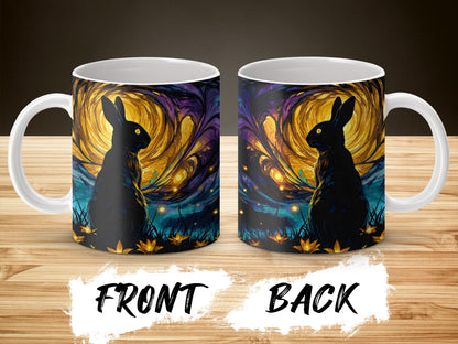 Mystical Rabbit Coffee Mug - Enchanted Forest Autumn Leaves Night Sky Design Ceramic Cup