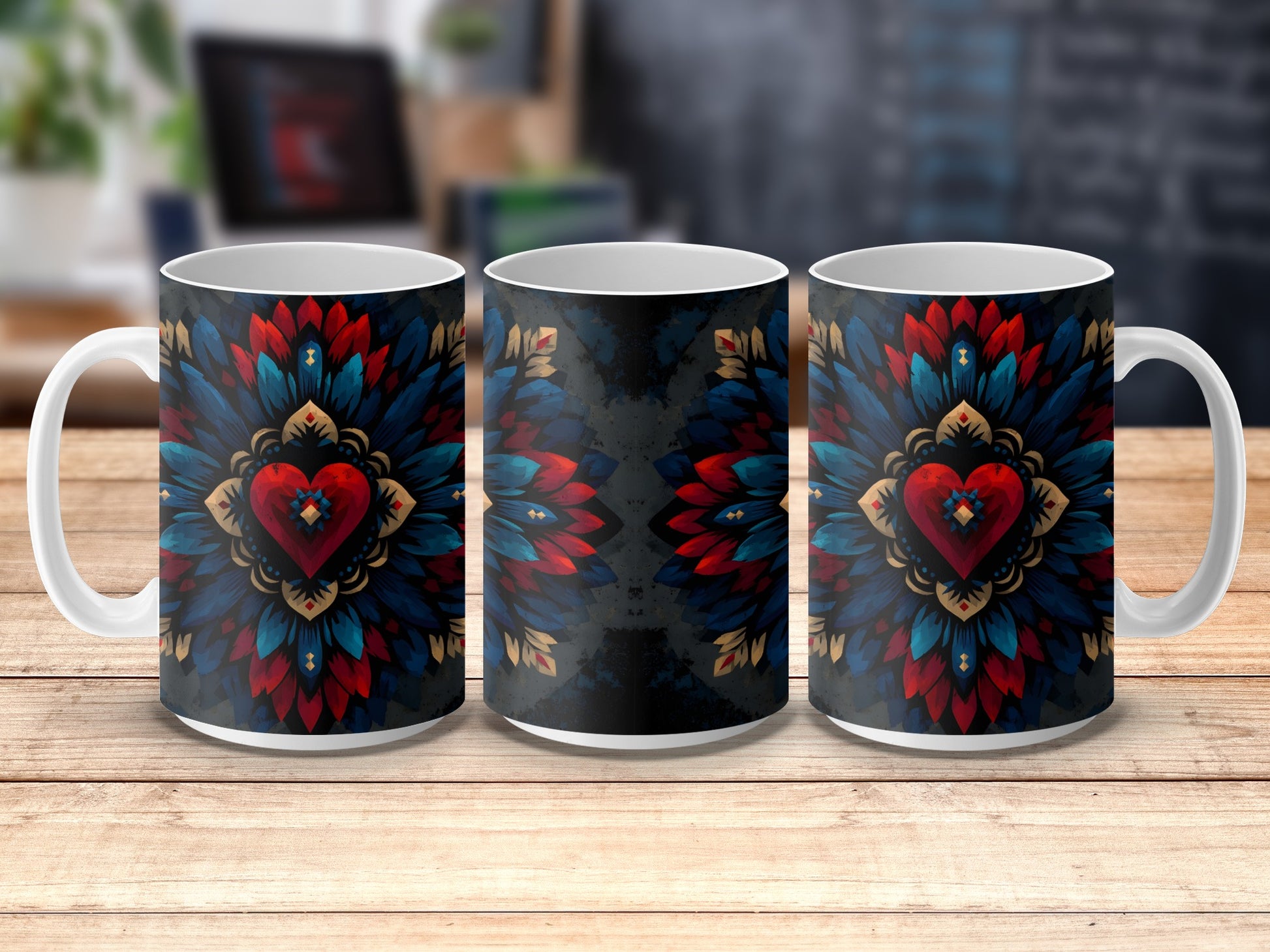Colorful Floral Heart Design Mugs, Unique Romantic Gift, Ceramic Coffee Cup Set