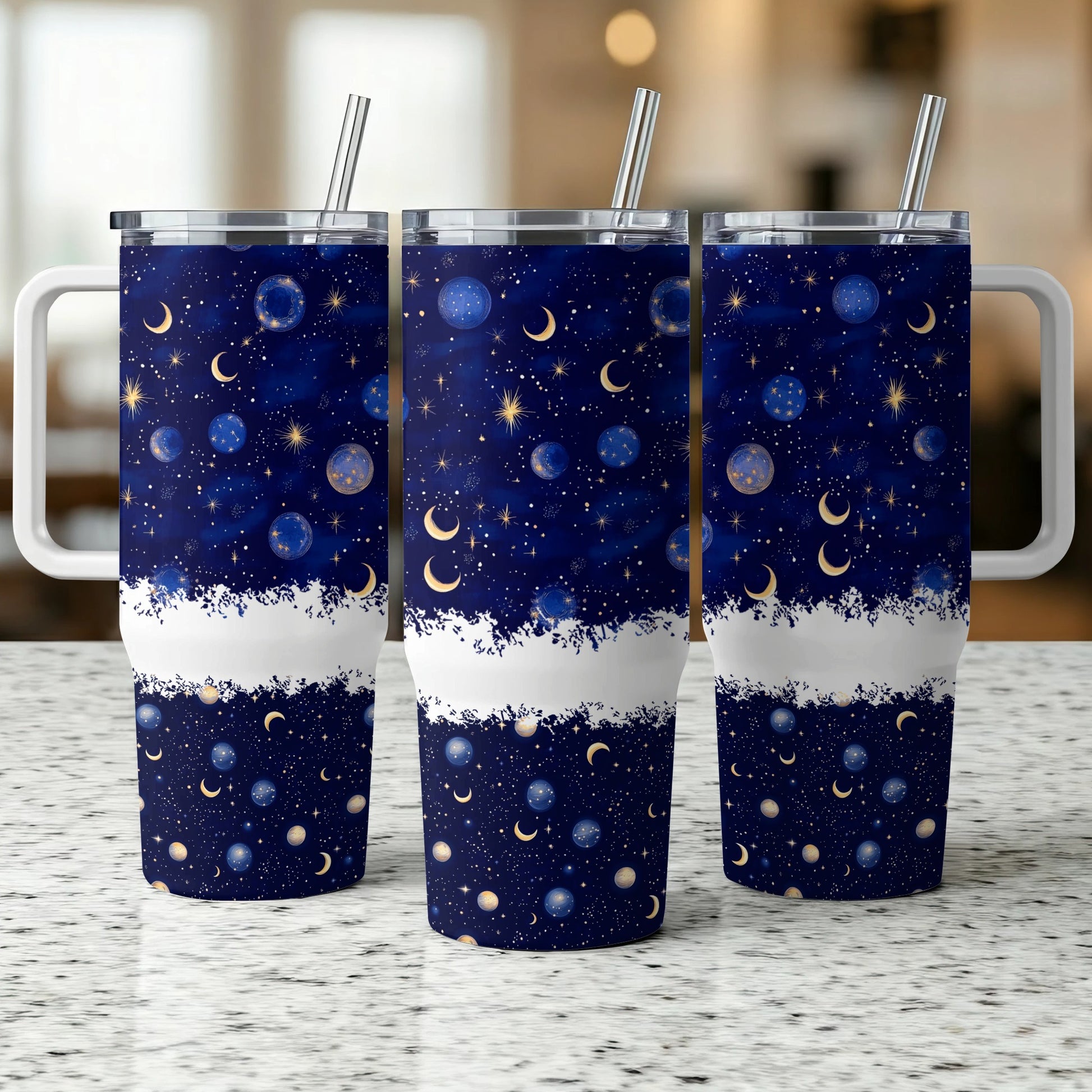 Celestial Tumbler Cup, Night Sky Stars and Moon Print, Insulated Travel Drinkware, Stainless Steel with Straw, 20 oz Tumbler Set