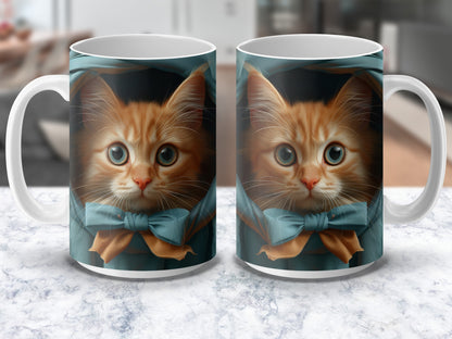 Cute Orange Cat Mug with Blue Bow Tie, Cat Lover Gift, Coffee Cup for Pet Owners