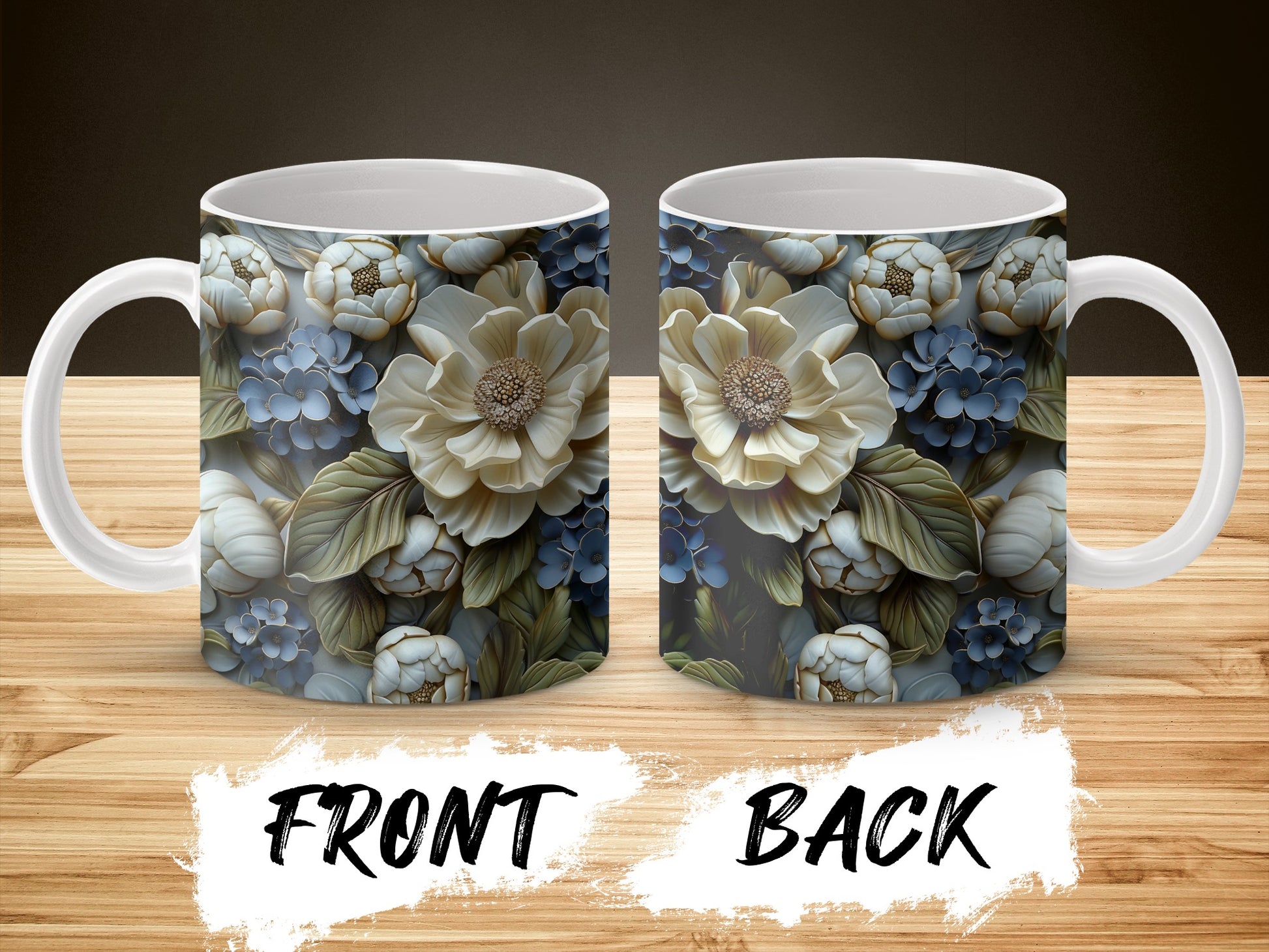 Floral Coffee Mug, Blue and White Flowers, Elegant Gift, Ceramic Cup, Front and Back Design, Kitchen Decor